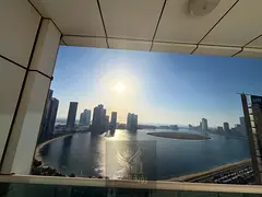 For annual rent in Al Taawun 3 bedroom apartment with sea view balcony and master maid room free AC