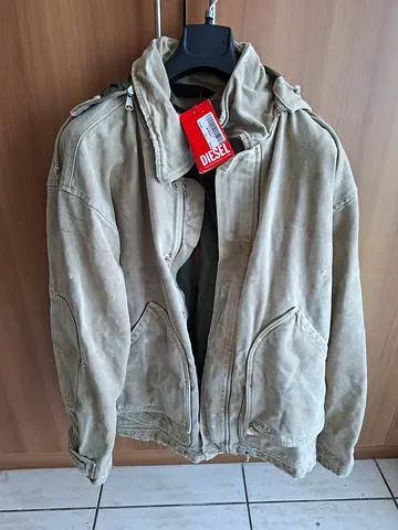 Worn Diesel beige canvas hooded jacket with green lining - size unknown L