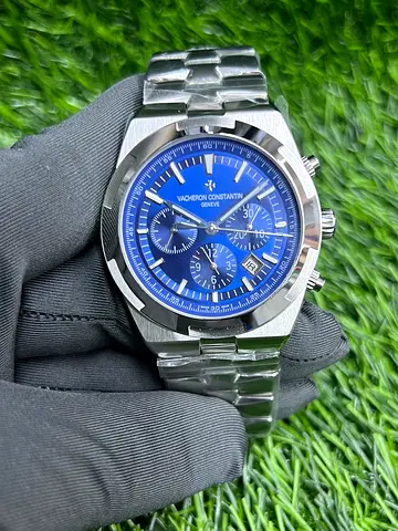 Vacheron Constantin style stainless steel chronograph watch with blue dial