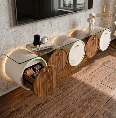 Modern Wall-Mounted TV Console with Glass Top and Round Drawers