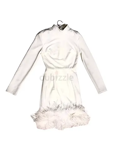 White Long-Sleeve Mini Dress with Feather Hem