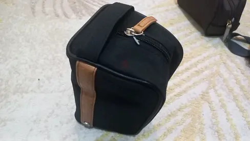 Black Toiletry Bag with Brown Leather Trim
