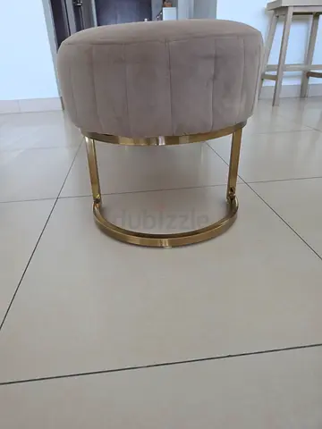 Beige Velvet Round Ottoman Stool with Gold Metal Base