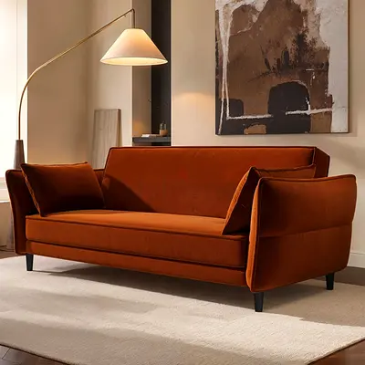 Rustic orange velvet 3 seater sofa