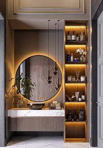 Modern Marble Vanity with Backlit Shelving and Round Mirror
