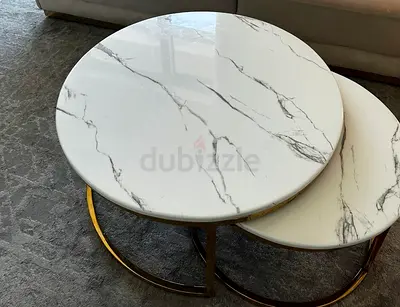 Set of 2 Round Marble-Top Nesting Coffee Tables with Gold Base