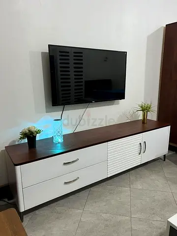 Modern low TV cabinet / media unit - white & wood finish