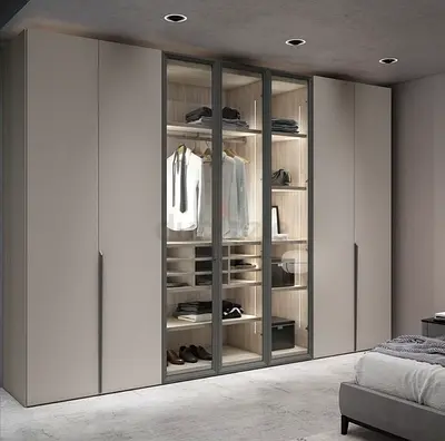 Modern built-in wardrobe with glass display doors - 6-panel closet