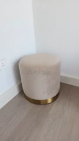 Beige Round Velvet Ottoman/Pouf with Gold Base