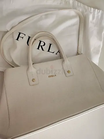 Furla beige canvas tote bag with leather trim - good condition