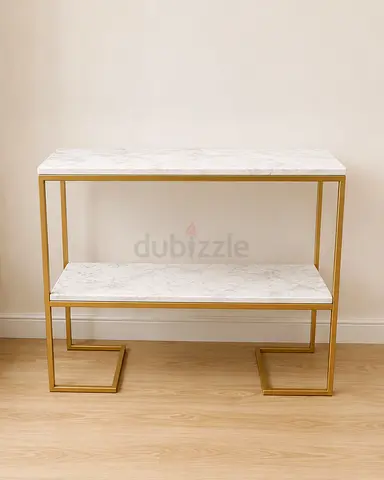 Modern Console Table with Marble Effect Shelves and Gold Frame