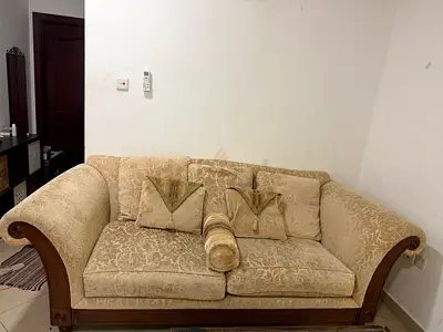 Beige 3-Seater Fabric Sofa with Wooden Trim - Good Condition