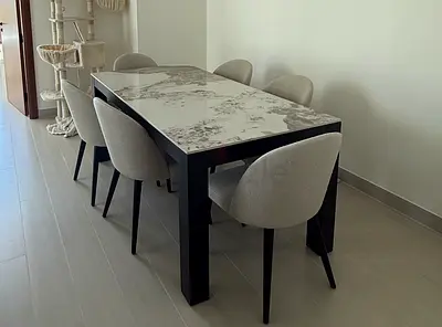 Marble-Top Dining Table with Dark Steel Base (6 chairs for free)