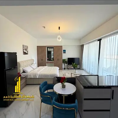 Luxury studio, first occupancy, with separate kitchen and open balcony, fully furnished ✨ Ajman Al Zorah. For monthly rent. Rent includes