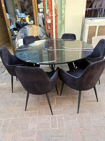 Modern Black Marble Round Dining Table with 6 Velvet Chairs - Excellent Condition