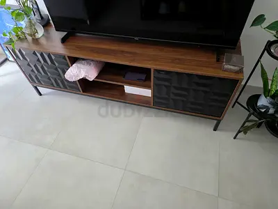 Wooden TV Unit / Entertainment Center with Geometric Doors - Good Condition