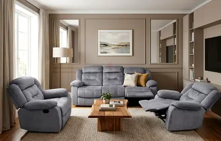 3-seater grey reclining sofa with 2 matching recliner chairs - good condition