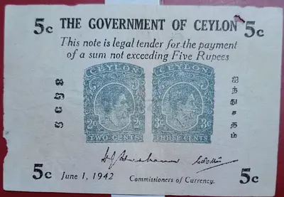 Rare 1942 Ceylon 5 Cents Emergency Currency Note – British Ceylon