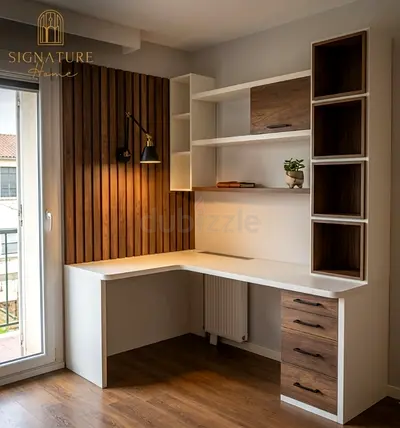 L-shaped Built-in Home Office Desk with Shelves and Drawers