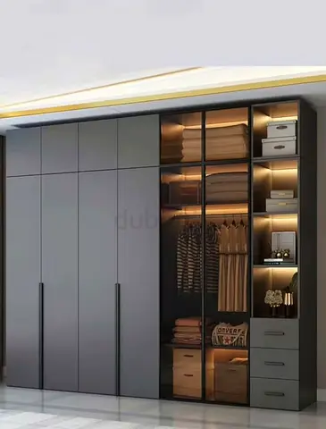 Modern Matte Grey Built-in Wardrobe with Glass Display Panels