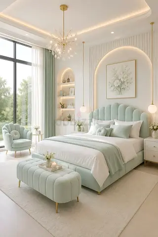 Mint green upholstered queen bed with matching night stand