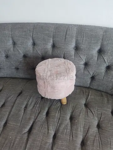 Small Round Pink Faux Fur Footstool with Wooden Legs
