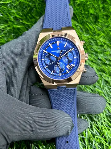 Vacheron Constantin-style Blue Dial Chronograph Watch with Blue Rubber Strap