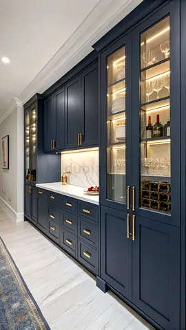Custom Built-in Blue Kitchen Cabinets with Glass Display and Wine Storage | New kitchen cabinets