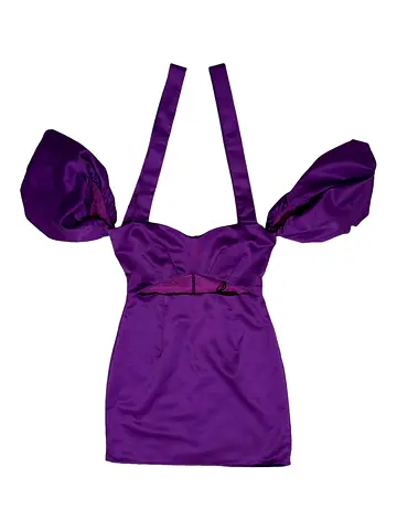 Purple satin mini dress with puff sleeves and halter straps