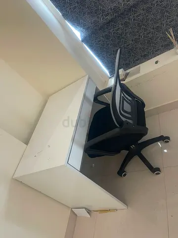 White Office Desk with Black Ergonomic Mesh Chair - Good Condition