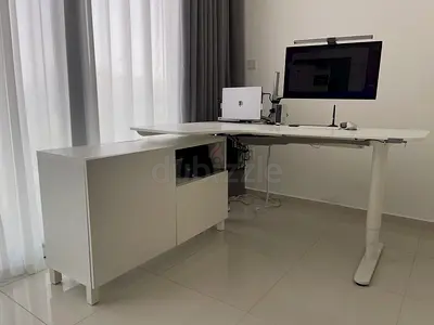 Ikea BEKANT White Office Desk Corner with Storage Cabinet - Adjustable Height