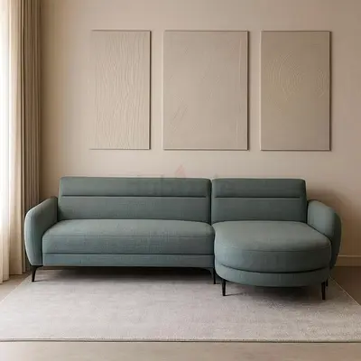 Light teal L-shaped fabric sofa with chaise - modern, good condition