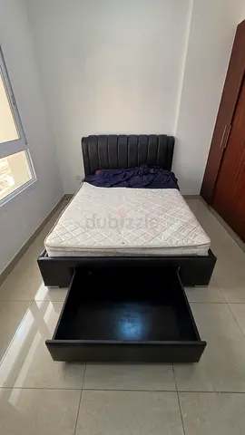 Queen size bed frame with storage drawer and mattress - good condition