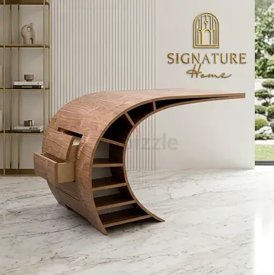 Curved Designer Wooden Desk with Built-in Shelves and Drawers