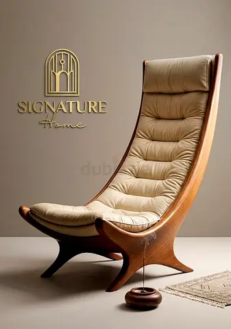 Exclusive Signature Home Curved Wooden Lounge Chair with Leather Cushion