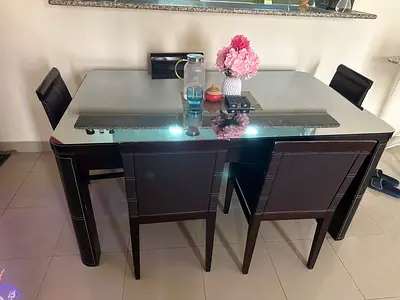 Dark Wood Dining Table with Glass Top and 4 Chairs - Good Condition with chair and table cover