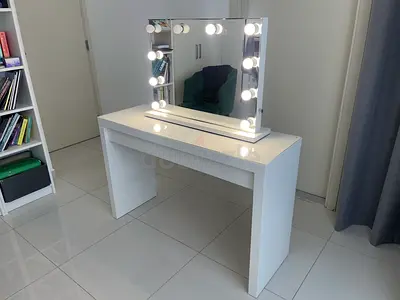 White Vanity Dressing Table with free standing Lighted Hollywood Mirror