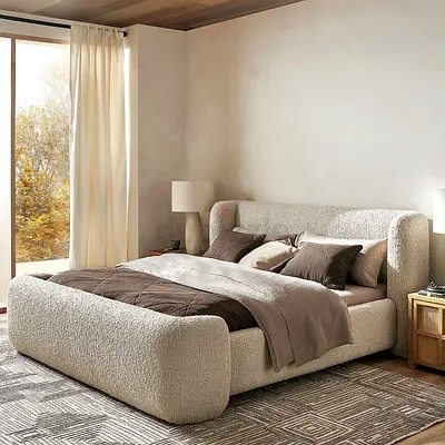 Brand New Modern upholstered king-size bed with boucle fabric frame