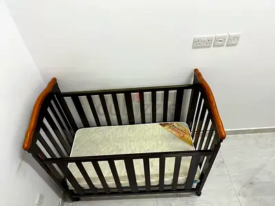 Brown Wooden Baby Bed with mattress - Good Condition