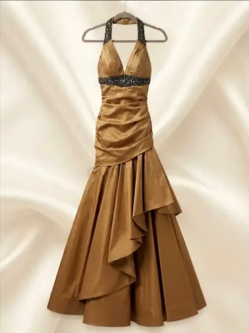Gold evening gown with embellished neckline, size unknown