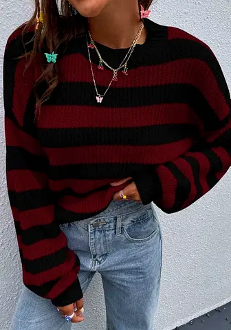 Red & Black Striped Drop Shoulder Knit Sweater