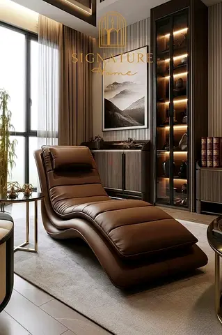 Used Brown Leather Chaise Lounge Recliner - Modern Curved Design
