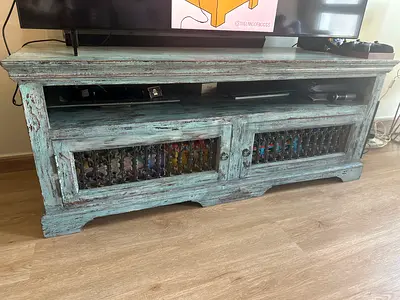 Rustic Distressed Blue Wooden TV Console Cabinet with Storage