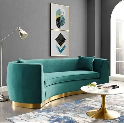 Curved Emerald Green Velvet Sofa with Gold Base - Modern 3 Seater