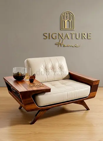 Modern Wooden Armchair with Built-in Side Table and Cream Leather Cushions