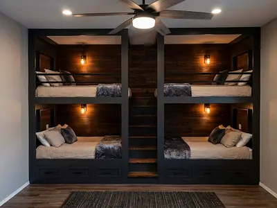 Built-in quadruple bunk beds with storage drawers — solid wood, dark finish