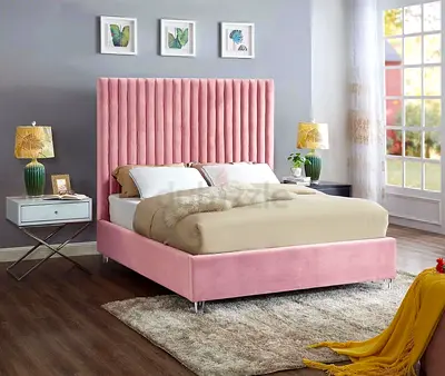 Pink Velvet Upholstered Bed Frame with Tall Channel-Tufted Headboard