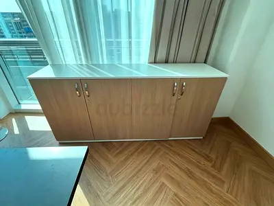 Low Wooden Sideboard / Storage Cabinet - 4 Doors, Light Oak Finish