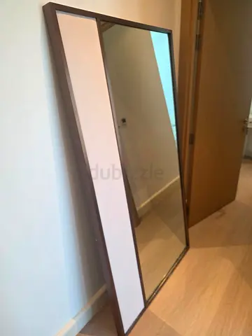 Large Leaning Mirror with Wooden Frame and White Accent