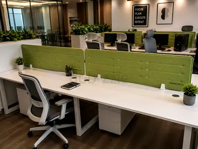 Modern Office Workstations with Green Fabric Dividers and Under-desk Pedestals (Set)